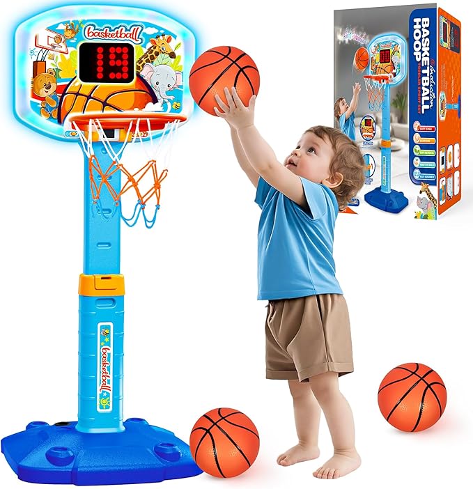 Toddler Basketball Hoop Indoor for Age 1 2 3, Adjustable Kids Basketball Hoops with Light Sound, Mini Basketball Hoop with 3 Balls, Birthday Christmas Sport Toys Gift for Baby 12-18 Months