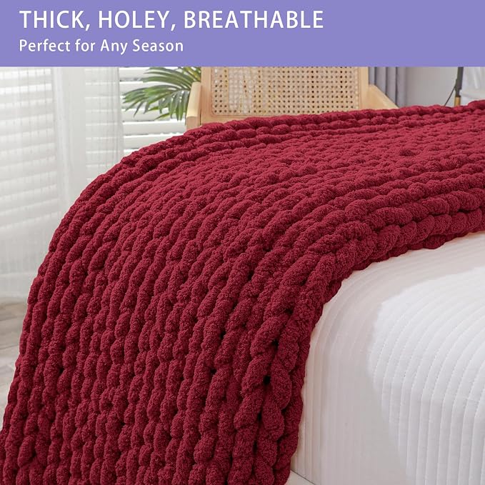 Bigacogo Chunky Knit Throw Blanket for Couch, 40x40 inches, Red | Hand Knit with Jumbo Chenille, Soft Breathable Cable Knit for Sofa Bed Living Room, Machine Washable, Gift for Mom Friend
