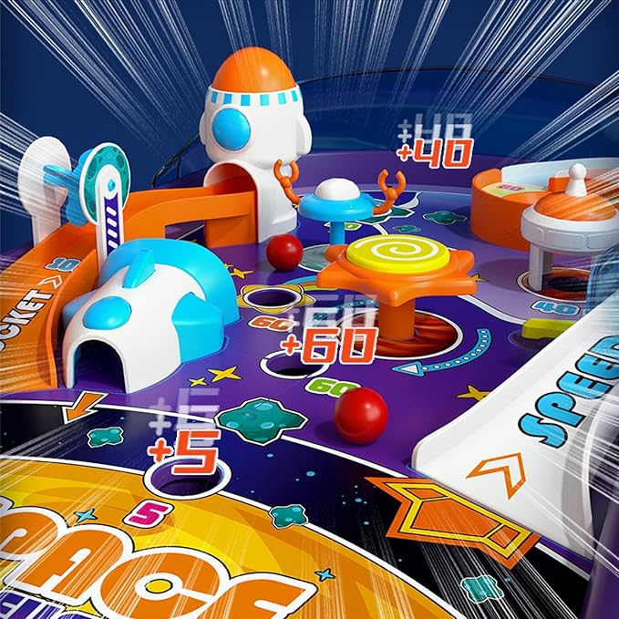 Tabletop Pinball Machine - Space Mini Arcade Game with Sound & Light, Pull-Back Launcher, Flippers, Carry Handle, Suction Cup Feet, Games for Kids Ages 3+