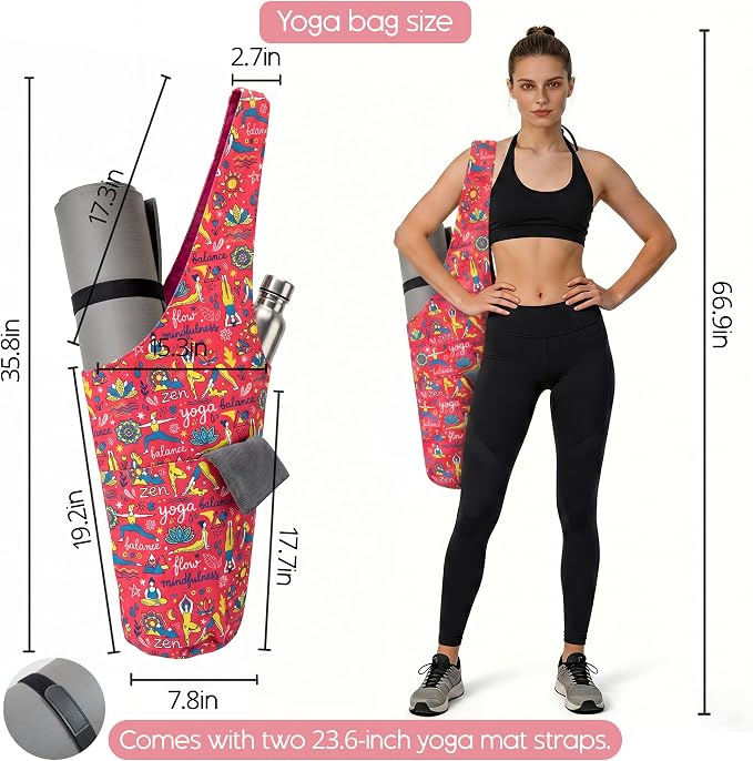 CosInStyle Heavy Duty Cotton Canvas Yoga Bag with Multi-Pocket Organizer, Large Capacity Gym Sports Bags, With 2 Bonus Mat Straps