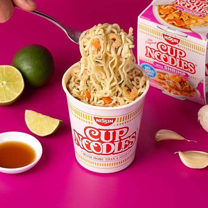 Nissin Cup Noodles Soup, Shrimp Flavor, Microwaveable Paper Cups, Instant Ramen, 2.25 Ounce (Pack of 12) | Instant Ramen Noodle Soup, Microwaveable Paper Cups