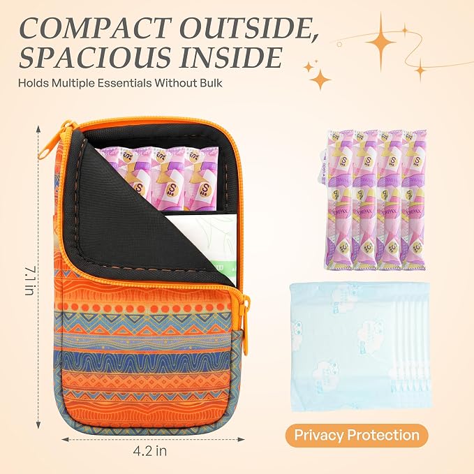KJQJLY 2 Pack Portable Tampon Organizer Bag Tampon Holder & Storage Case with Zipper for Travel, Discreet Period Bag for Purse, Waterproof Feminine Products Pouch for Women (Rainbow Boho)