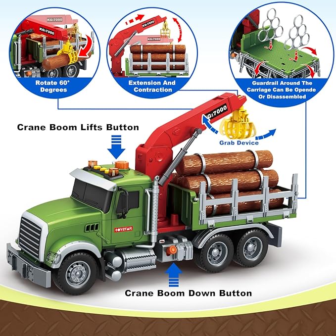 Kids Toys for 3 4 5 6 7 8 Years Old Boys, 15" Farm Logging Truck Toy with Loading Crane and 6 Trunks, Lights, Sounds, Toddler Friction Powered Truck Vehicle Toy for Boys Girls Birthday Gifts