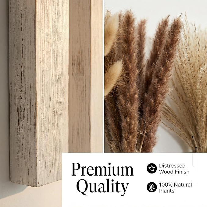 4-Piece Wooden Hanging Wall Vase Set with Pampas Grass and Eucalyptus Dried Flowers, Modern Farmhouse Home Decor for Living Room Entryway Bathroom Hallway Dining Room（Vintage White）