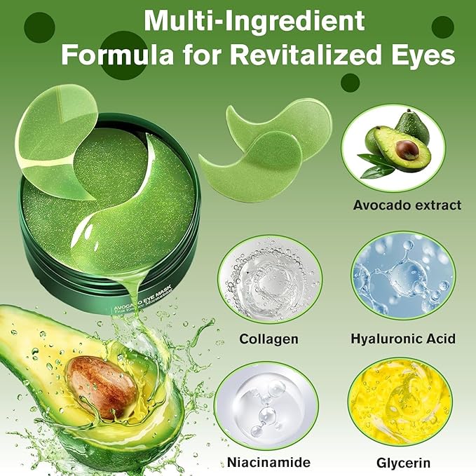 Avocado Under Eye Patches (60 PCS), Collagen Eye Mask for Dark Circles and Puffiness, Hydrating Under Eye Pads for Women & Men