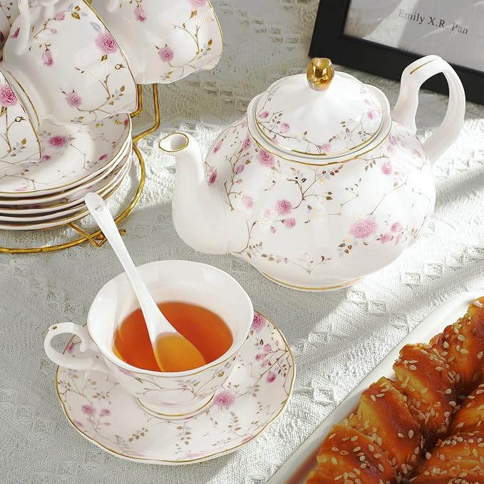 fanquare 21-Piece Gold Vine Floral Porcelain Tea Sets with Sugar Bowl Creamer Teacups, English Bone China Tea Service for Women TeaParty Family Gathering Home Décor