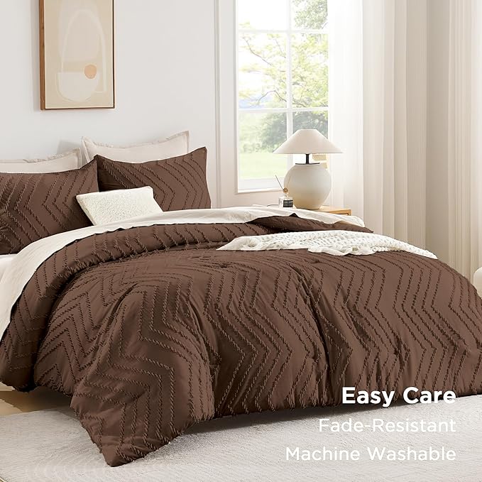 Andency Brown Comforter Set Queen Size, Boho Soft Warm Tufted Bedding Comforter Sets for Queen Size Bed, 3 Pieces Aesthetic Chevron Farmhouse Cute Bohemian Textured Bed Set