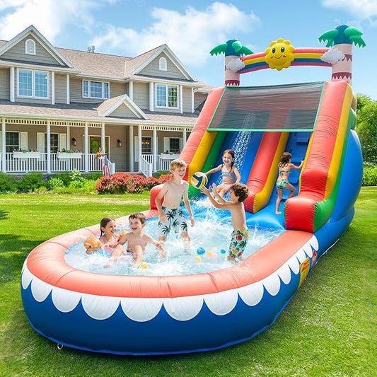 Tropical Inflatable Water Slide for Kids & Adults – 21FT Giant Blow Up Pool Slide with Climbing Wall, Splash Pool, Palm Tree Theme – Wet & Dry Use, 950W Blower, Backyard Summer Fun