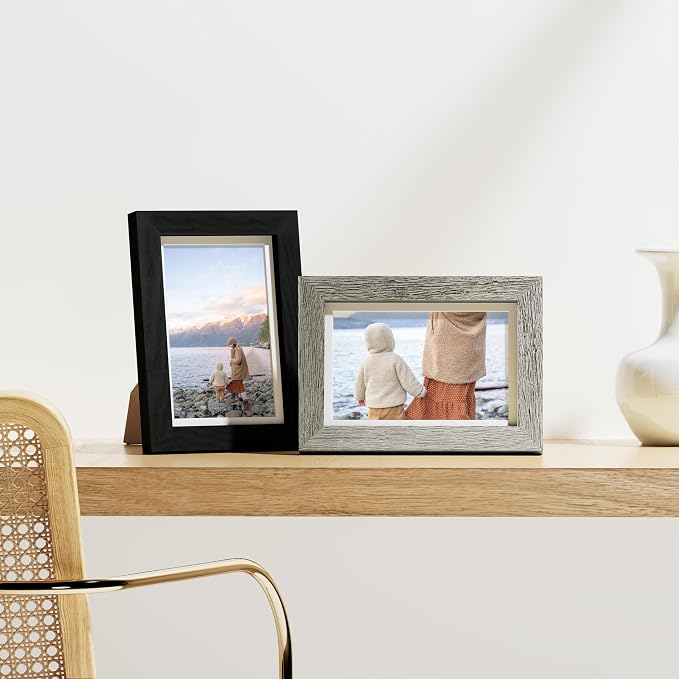 Vittanly 4x6 Picture Frames Set of 9, Wall & Tabletop, Black&Brown&Grey | Display Pictures 3.5x5 with Mat or 4x6 without Mat, Small Photo Frames, Engineered Wood with Shatter Resistant Plexiglass