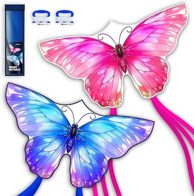 SGftre 3 Piece Set Butterfly Delta Octopus Kites for Kids and Adults，Easy to Fly for Outdoor Adults Children Line Kite for Kids Toy (Pink +Blue Dreamy Butterfly, 2)