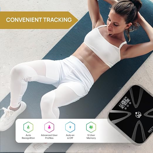 INEVIFIT Body Fat Scale, Highly Accurate Digital Bathroom Body Composition Analyzer, Measures Weight, Body Fat, Water, Muscle, BMI, Visceral Levels & Bone Mass for 10 Users. Includes Batteries