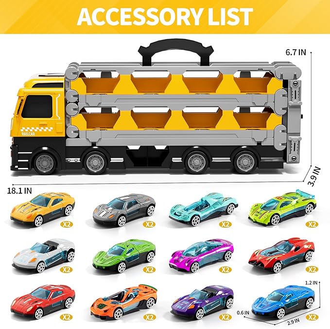 Transport Truck with 24pcs Die-Cast Cars Toys, Cars Toddler Toys Gifts for 2 3 4 5 6 7 Years Old Boys Girls