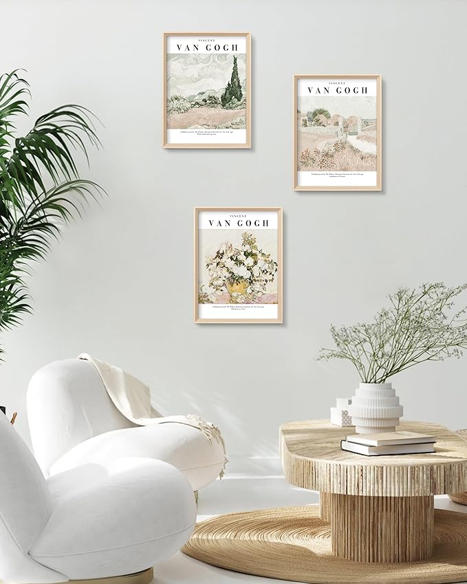 HesenDot Van Gogh Framed Wall Art, Neutral Canvas Prints Set of 3 | 12x16IN High Framed Design Prints, Floral Landscape Artwork, Vintage Wall Decor for Living Room Bedroom Gallery Office