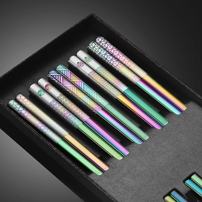 Metal Chopsticks Reusable 18/8 Stainless Steel Chopsticks Laser Engraved Premium Titanium Chop Sticks Dishwasher Safe Lightweight Japanese Korean Chopsticks 5 Pairs Gift Set (Rainbow)