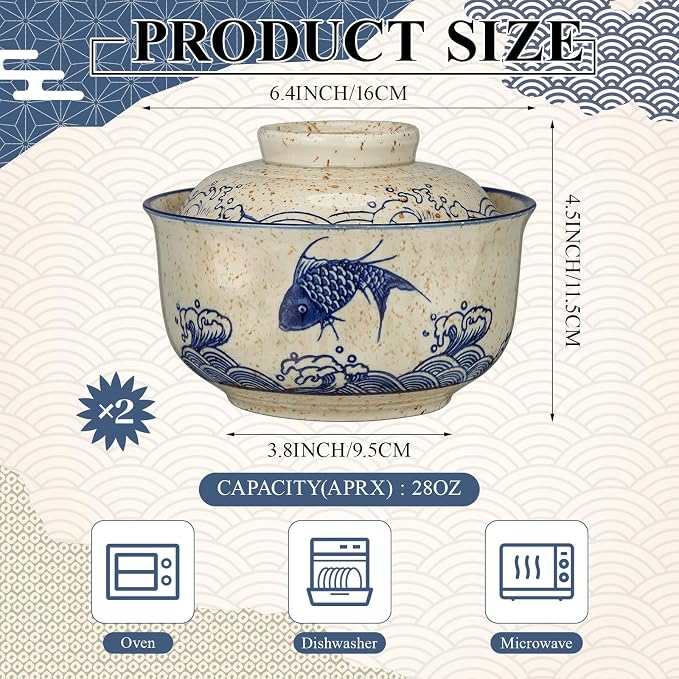 SiliFine Ramen Bowl Set of 2 Ceramic Ramen Bowl with Lid 25oz Microwave Clay Pot Traditional Japanese Tableware Korean Clay Pot for Christmas Soup Salad Meal Rice Home Office(Blue,Oatmeal,Stylish)