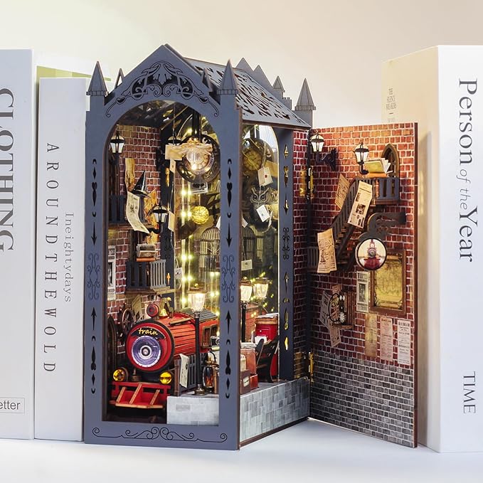 Foyucool Book Nook Kit, DIY Miniature House Kit for Adults, Dollhouse Booknook with LED Light Gifts for Family, Friends, Magic Train