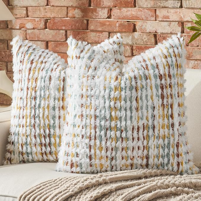 Set of 2 Boho Chenille Pillow Cover Decorative Tufted Pillowcase for Couch Bed Sofa Bedroom Living Room Modern 18 x 18-Inch Brown White