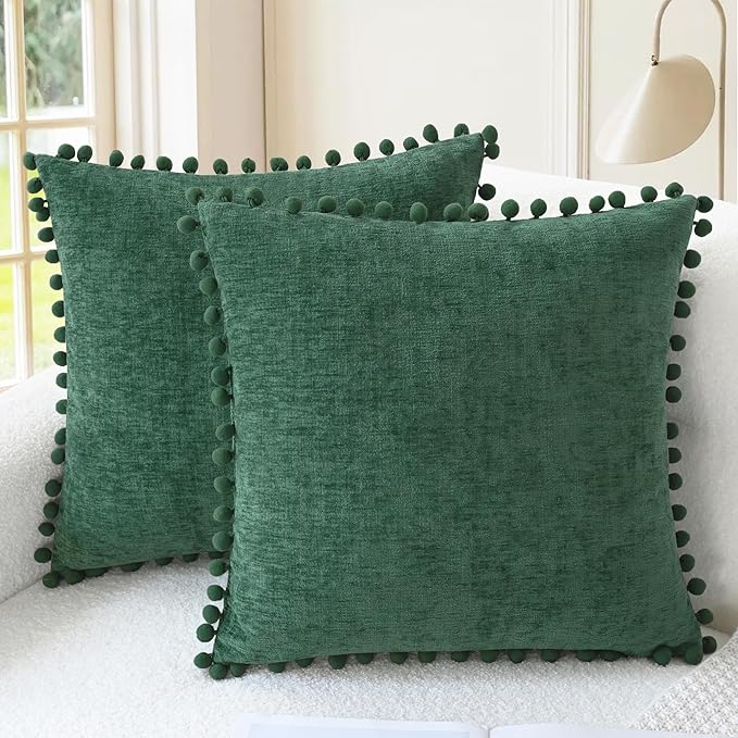 CaliTime Decorative Couch Throw Pillow Covers 20 X 20 Inches Dark Green | Pack of 2, Cozy Chenille Cushion Cases, with Pom Poms for Sofa Bed Living Room Farmhouse Home
