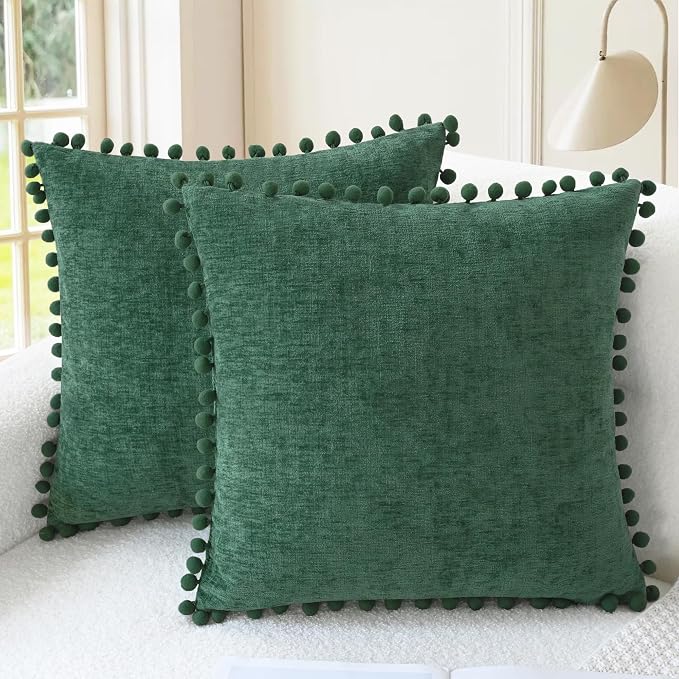 CaliTime Decorative Couch Throw Pillow Covers 22 X 22 Inches Dark Green | Pack of 2, Cozy Chenille Cushion Cases, with Pom Poms for Sofa Bed Living Room Farmhouse Home