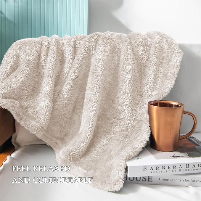 Exclusivo Mezcla Fuzzy Plush Fleece Bed Blanket Queen Size, Beige | 90x90 Inches, Super Soft and Cozy Bed Blanket, Fluffy Decorative Bedding for Livingroom, Bedroom, All Season