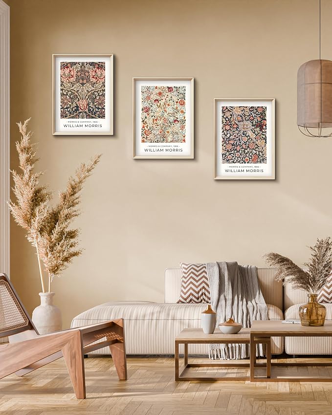HesenDot William Morris Vintage Framed Wall Art, Floral Canvas Prints | 12x16IN Set of 3, High Framed Design Prints, Vintage Floral Pattern Wall Decor for Living Room Bedroom Bathroom