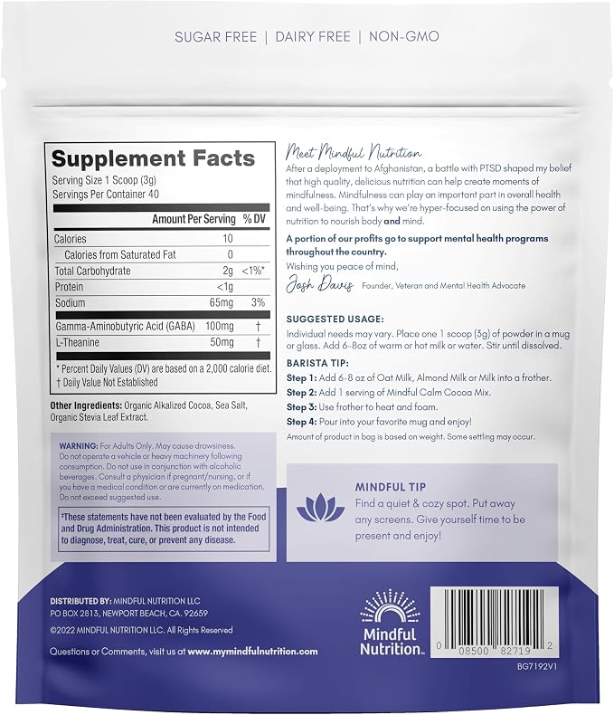 Mindful Nutrition Mindful Calm Sugar Free Hot Chocolate Mix - 40 Servings - Anti-Stress Drink Mix Powder Sleepy Cocoa Nighttime Relaxation Natural Sleep Aid