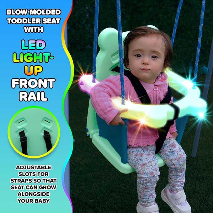 Sportspower My 1st Light-UpToddler Swing - Heavy-Duty Baby Indoor/Outdoor Swing Set with Safety Harness, Light Green, 59" L x 58" W x 49" H