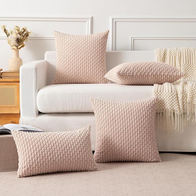Kevin Textile Soft Corduroy 14"x22" Lumbar Pillow Cover 1 Pack, Light Pink | Boho Stripe Plush Corduroy Decorative Oblong Cushion Cover Modern Farmhouse Home Decor for Sofa Couch Bed Chair