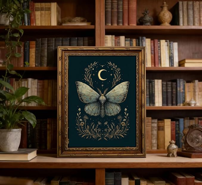 Vintage Gold Framed Celestial Moth Crescent Moon Wall Art Gothic Moody Ethereal Butterfly Picture Wall Decor Dark Botanical Insect Picture Canvas Print Mystical Witchy Poster Artwork for Living Room