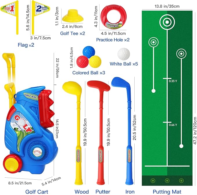 Toddler Golf Set for Boys Girls 2 3 4 5 Years Old, Kids Golf Clubs Set with Cart & Putting Mat, Outdoor Indoor Sports Toys Birthday Gift, Blue