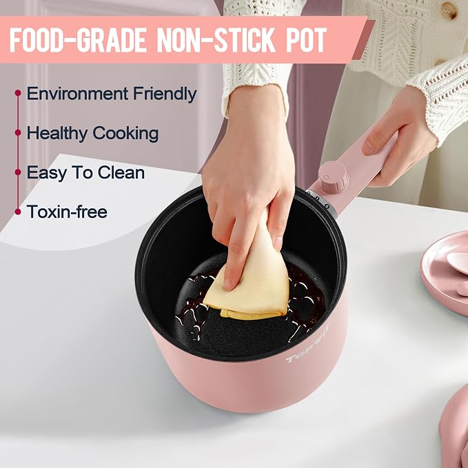 Topwit 1.5L Hot Pot Electric, Portable Ramen Cooker, Non-Stick Frying Pan | BPA-free, Glass Lid, Overheat & Boil-dry Protection, Electric Pot for Pasta, Steak, College Dorm Office Travel Essentials