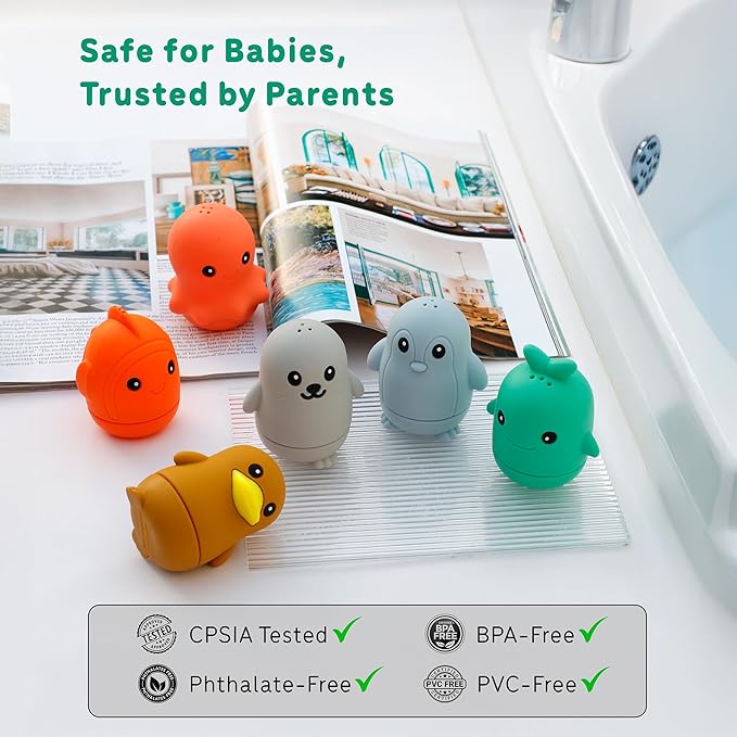Ocean Friends Bath Toy Set, 6-Piece Silicone Baby Bath Toys for Ages 9 Months+, Soft Food-Grade Silicone, Easy to Clean, Cute Ocean Animals