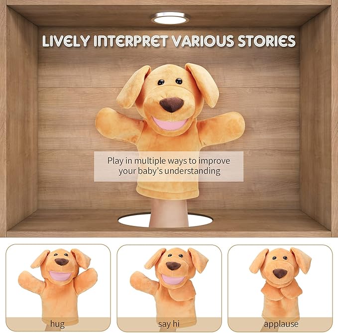 Zomiboo Hand Puppets Soft Animal Hand Plush Toy with Movable Mouth Imaginative Play Stocking Storytelling Interactive Toy(Dog)