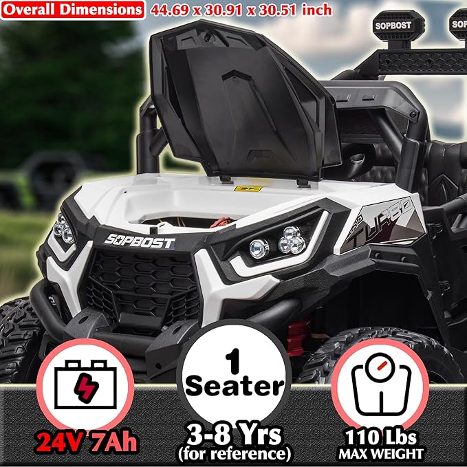 sopbost 24V 7Ah Ride On Toys for Big Kids Ride On Car with Remote Control Battery Powered 4x4 Electric Vehicle Kids UTV, EVA Tires Wheels, Music Play, White