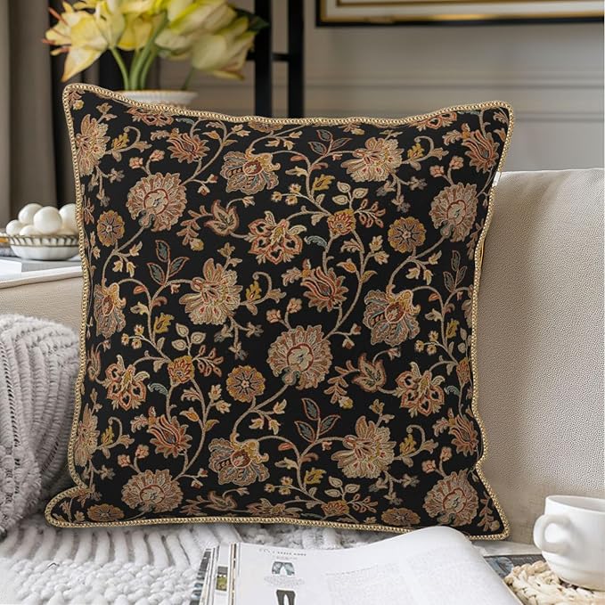 Vintage Tapestry Floral Soft Velvet Throw Pillow Covers Set of 2 Black Brown Bohemian Boho Carpet Flowers Decorative Pillow Covers 16x16 Inch Rustic Retro Rug Pillow Case For Sofa Couch Home Decor
