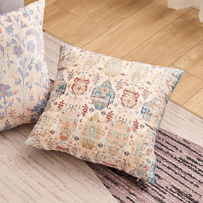 Boho Floral Throw Pillow Covers 18x18 inch Set of 2,Beige Boho Rug Geometric Floral Pattern Decor Double Sided Pattern Cushion Cover Soft Pillow Case Living Sofa Room Bed Square Pillow Cover