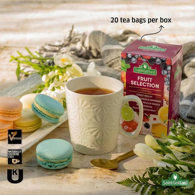 [FRUIT SELECTION] - Saint Gottard Herbal Tea Collection – Variety Pack with Fruit & Herbal Organic Infusions – Caffeine-Free Natural Ingredients Hot or Iced Fruity Tea Selection – 40 Tea Bags