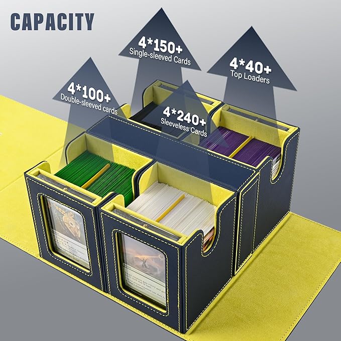 Kabinka Card Deck Box for MTG Commander, Holds 400+ Double-Sleeved Cards, 5 IN 1 Detachable Card Case with Dice Tray, Fits Magic/TCG Cards, 4 Magnetic Card Holders & Dividers (Blue Yellow)