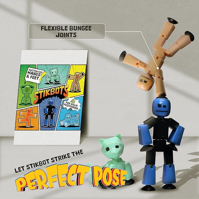 Zing Stikbot Family Pack, Set of 6 Stikbot Collectable Action Figures, Includes 2 Stikbots, 2 Junior Stikbots, 1 Dog, and 1 Cat, Stop Motion Animation - in Eco-Friendly Packaging, Age 4+
