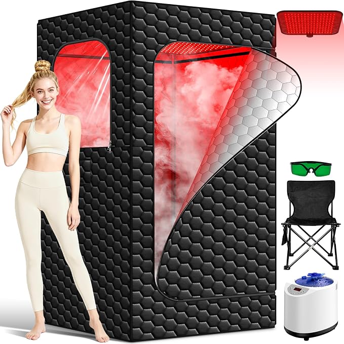 Portable Infrared Sauna, 160 LEDs Red Light Sauna Box, Steam Sauna Tent with 3L Steamer, 15 Heating Levels for Home Spa, Relaxation, Detoxification, Muscle Relief, Indoor & Outdoor, 32" x 32" x 71"