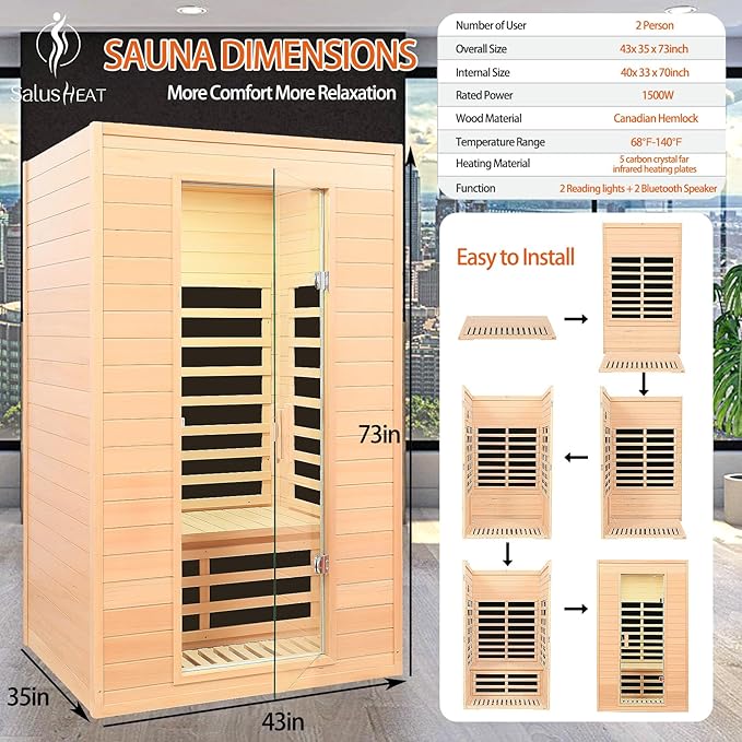 2 Person Infrared Sauna, Low EMF Far Infrared Sauna, Canadian Hemlock Wood Sauna for Home 1500W Indoor Sauna Home Spa Sauna with Bluetooth Speakers, Reading Lights, Roof Vent, Tempered Glass