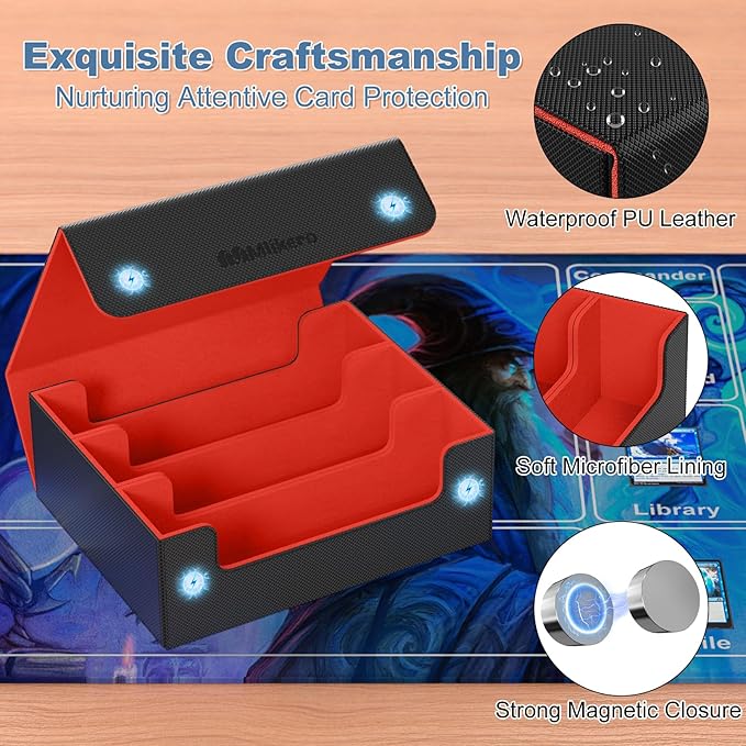 Mlikero Card Deck Case, 1800+ Trading Card Storage Box with 10 Dividers and 3 Foam Stoppers, Leather Magnetic Closure Commander Deck Box Fit for YuGiOh, MTG and Sport Cards(Black&Red)
