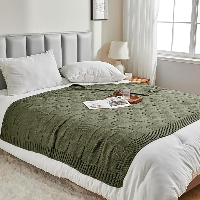 CozeCube Olive Green Knitted Checkered Throw Blanket 60"X80" | Check Knit Throw for Couch, Decorative Christmas Soft Cozy Warm Blanket for Bed Sofa Living Room