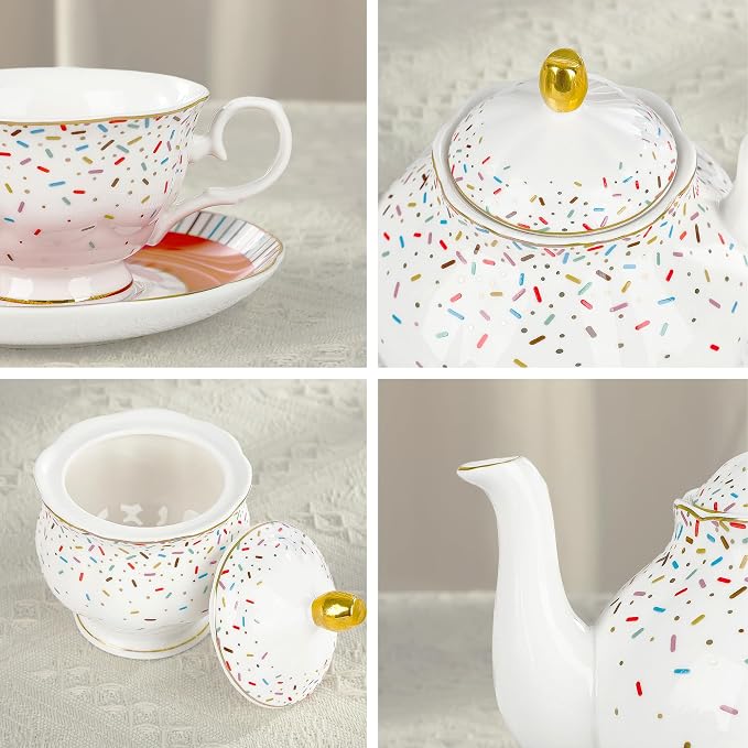 fanquare 21-Piece Colorful British Porcelain Tea Sets, 6 Cups and Saucers Set for Party, Rainbow Sprinkle Sugar Pattern Coffee Set for Adults, Birthday, Holiday, Celebrations