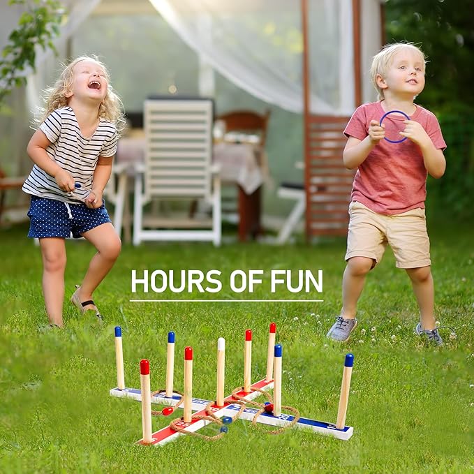 Indoor Outdoor Toys Games Upgraded Large Wooden Ring Toss Game Yard Games for Kids, Lawn Outdoor Games for Family with 10 Plastic Ring and 10 Ropes,1 Carry Bag
