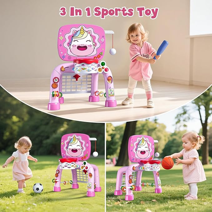 Toddler Basketball Hoop Tball Set & Soccer Goal - Unicorn Sport Toys for 1 Year Old Girl with Learning Activities (Abacus/Alphabet/Animals Sounds) Christmas Birthday Gifts for Baby Girl Age 1 2 3