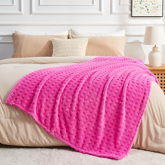 NEWCOSPLAY 3D Waffle Checkered Flannel Twin Blanket, Hot Pink, 60"x80" | Super Soft Cute Lightweight Decorative Premium Silky Fleece Blanket for Couch Sofa Bed, Gift for Women Men, All Season Use
