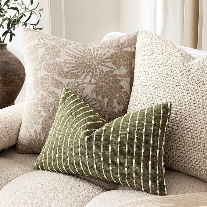 Foindtower Pack of 2 Decorative Jacquard Boucle Lumbar Throw Pillow Covers Accent Textured Striped Pillowcases Cozy Boho Cushion for Couch Sofa Bedroom Living Room Home Decor 12x20 Inch Olive Green