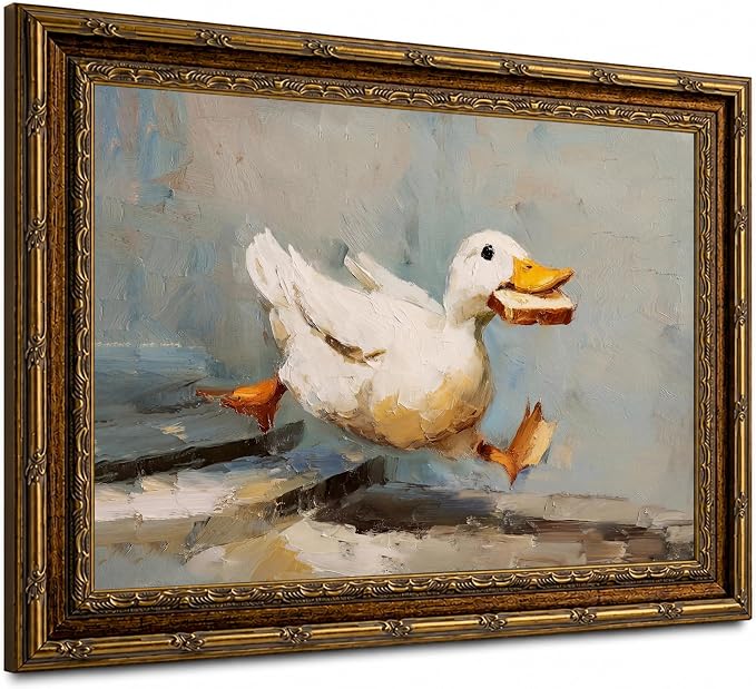 Gold Framed Funny Duck Wall Art Rustic Cottagecore Animal Wall Decor Print | Farmhouse Animal Painting Whimsical Duck Canvas Poster for Kitchen Bathroom Living Room Bedroom, 16x24 Inches