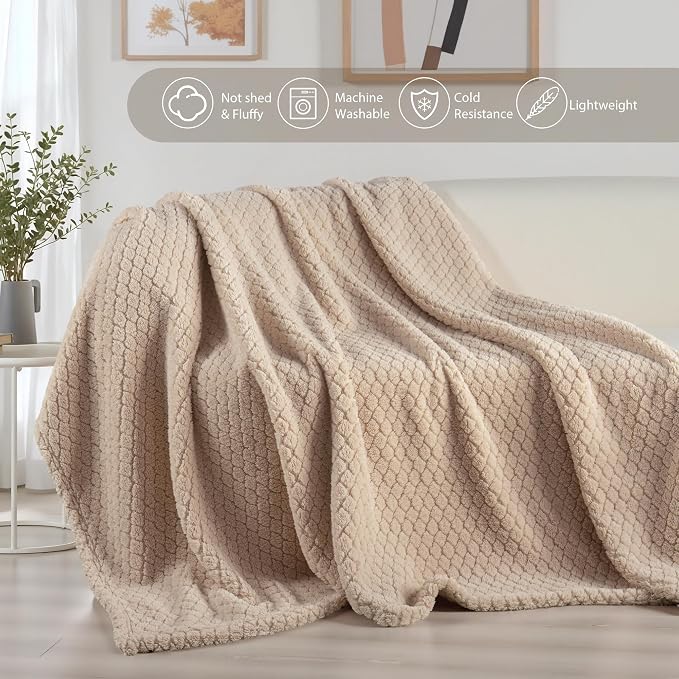 Exclusivo Mezcla Soft Fleece Queen Size Blanket for Bed, Camel | Jacquard Lightweight Cozy Bed Blanket, Breathable Decorative Fuzzy Textured All Season Use, 90x90 Inches